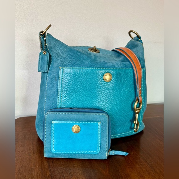 Coach Handbags - Vintage Coach Nubuc Chelsea Large Hobo in Teal and Compact Wallet